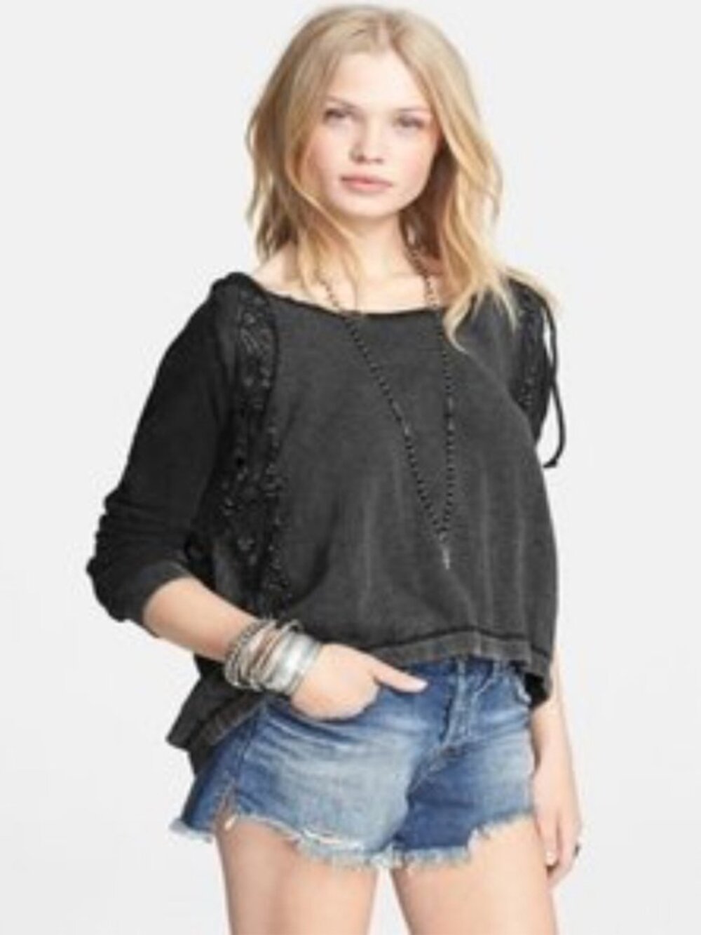 Free People Only You Hoodie Sweatshirt Black Gray Crochet Lace Oversized Medium